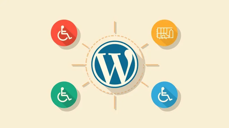 WordPress logo surrounded by accessibility plugin icons representing WCAG compliance tools