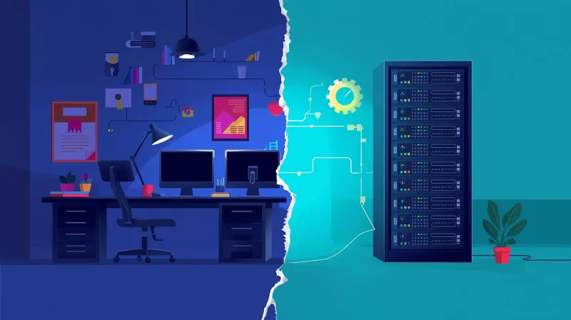 Dark agency office with computers off contrasted with active server infrastructure running 24/7 for after-hours WordPress support