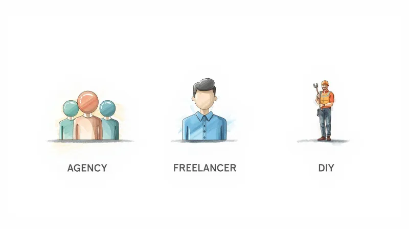 Visual comparison showing agency team, freelancer individual, and DIY builder representing white-label WordPress service delivery models