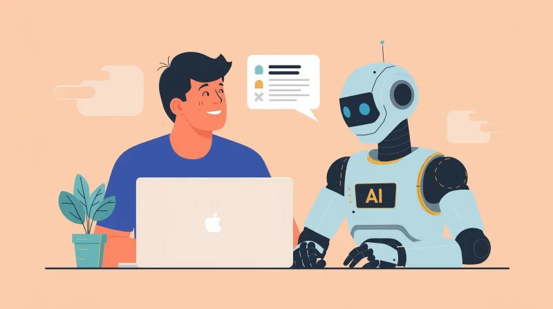 Developer collaborating with AI assistant robot for vibe coding and AI-generated code development
