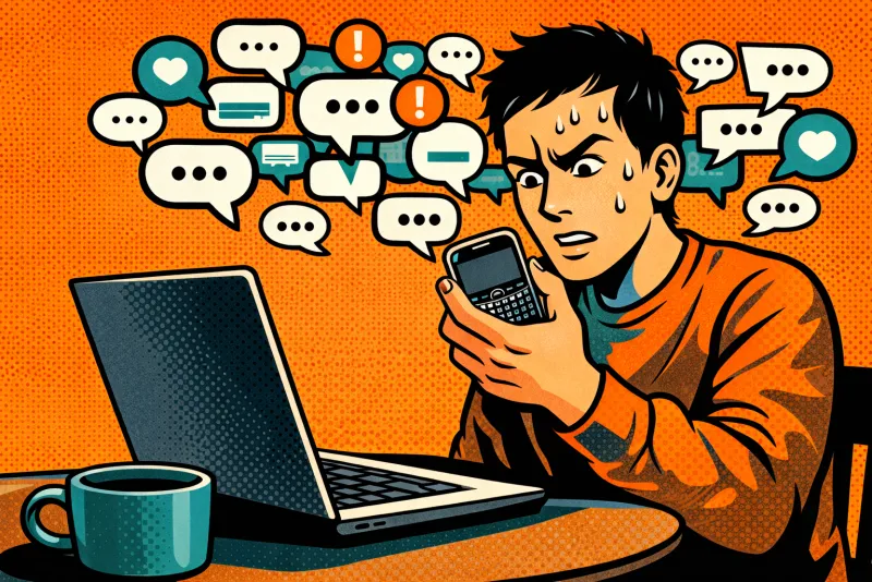 Stressed person staring at BlackBerry phone surrounded by overwhelming cloud of notification bubbles and message alerts