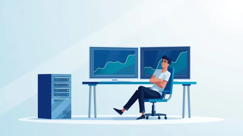A relaxed systems administrator at a monitoring workstation with green status indicators, representing well-prepared WordPress hosting during a traffic event