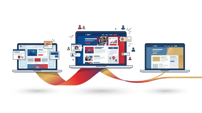 Three laptop screens arranged in sequence showing the evolution of a campaign website from launch through active campaigning to post-election transition