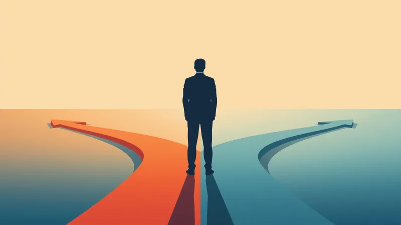 A person evaluating options at a crossroads, representing the decision of whether to invest in a WordPress care plan