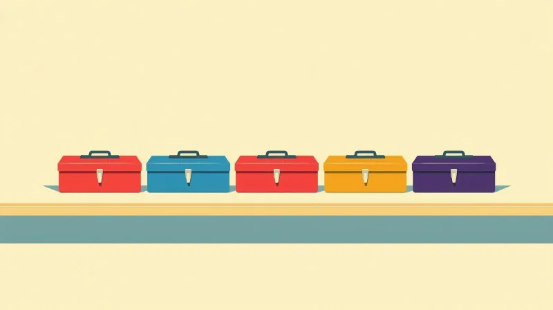 A row of different-colored toolboxes on a workbench represents the multiple WordPress LMS plugin alternatives to LearnDash worth evaluating.