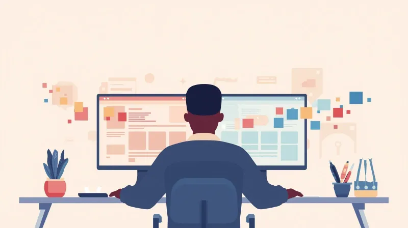 A developer working at dual monitors during a website content migration process with browser windows and file transfer visuals