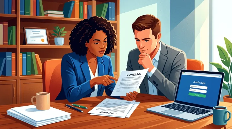 Two professionals reviewing a website contract and discussing ownership terms at a desk