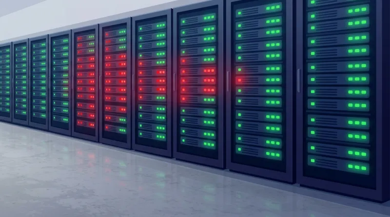 A row of server racks in a data center with several indicator lights glowing red, illustrating the security vulnerabilities that accumulate when WordPress updates are deferred