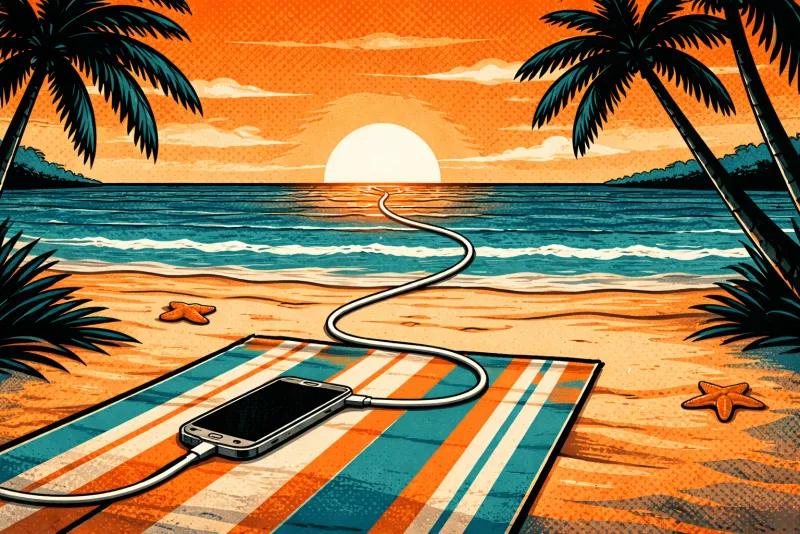 Tropical beach sunset with smartphone on beach towel still connected by long cord stretching to the horizon