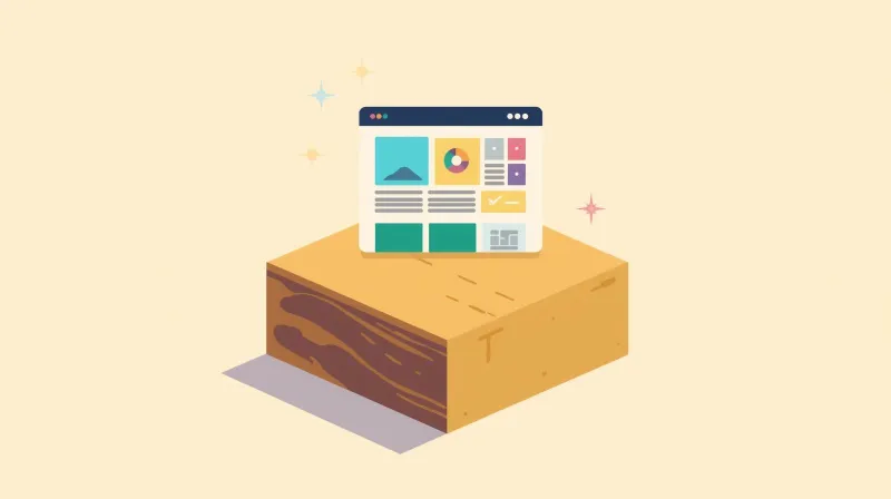 Custom WordPress website with organized dashboard elements resting on a solid wooden foundation