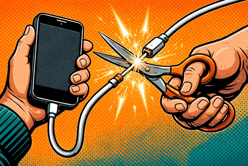 Hands using scissors to cut charging cord attached to smartphone with dramatic spark effect