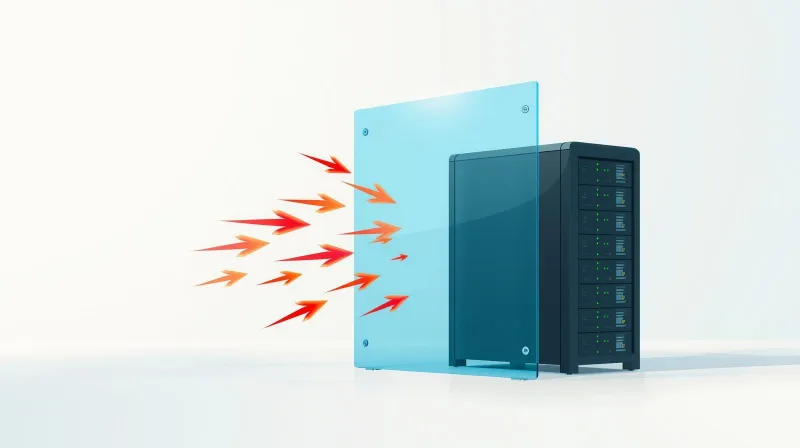 A server rack behind a layered firewall barrier deflecting incoming red arrows, representing DDoS protection for politically targeted advocacy websites