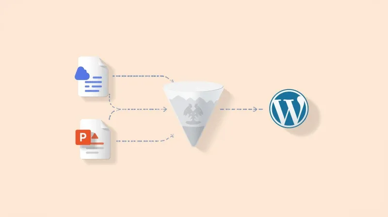 Multiple design file icons flowing through a funnel to a single WordPress output