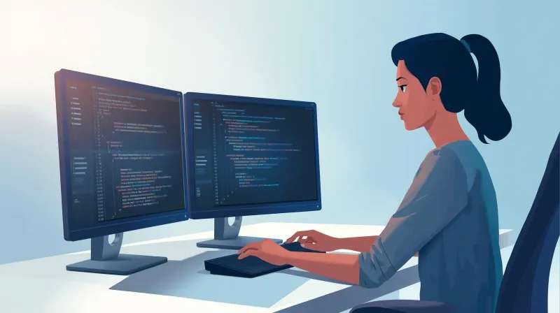 A developer working at a dual-monitor workstation writing custom integration code, showing when WordPress forms CRM integration requires professional development