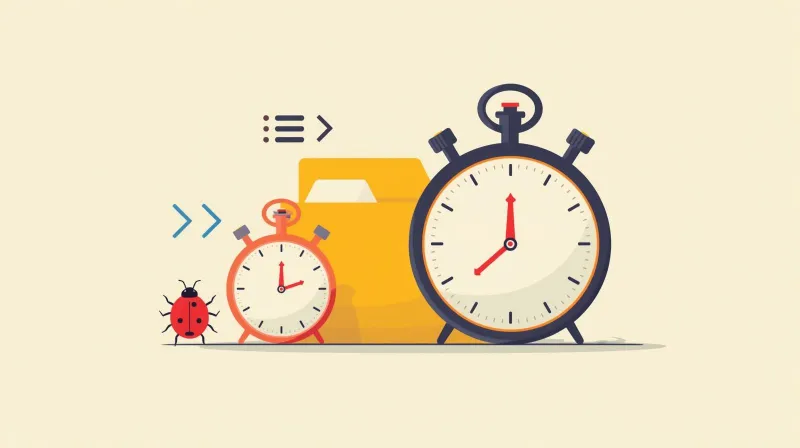 Two stopwatches comparing bug fix time - small for familiar developers, large for new ones learning the codebase