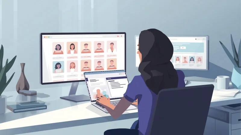 An office manager reviewing developer resumes on a computer, representing the challenge of finding Umbraco to WordPress migration specialists