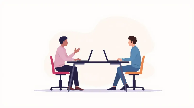 Two professionals discussing a wordpress migration checklist during a discovery meeting with a laptop open between them
