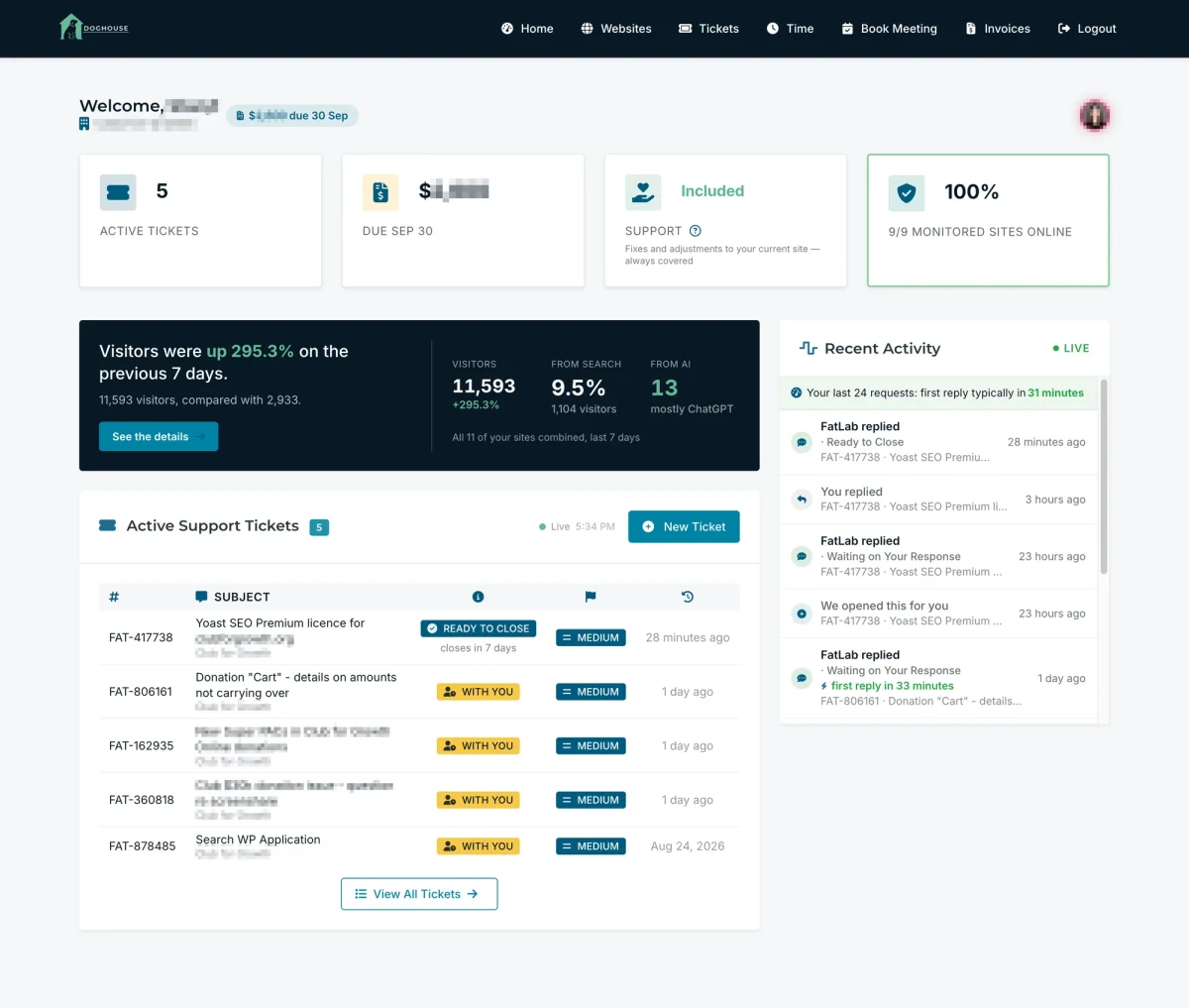 The DogHouse client dashboard, showing active requests, amount due, included support, site uptime, a plain-English traffic summary, and a live activity feed
