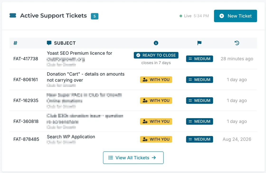 A support request list in the DogHouse client portal, with each request labeled by who has the next move