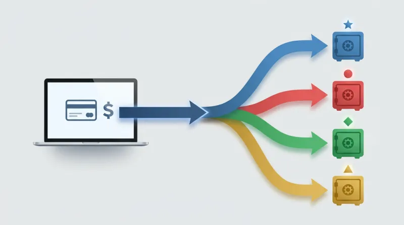 A visual representation of a single donation being split into four separate processing channels for different political entities