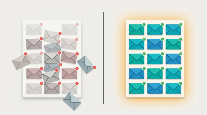 Two email inboxes side by side contrasting a cluttered inbox with bounced messages against a clean organized inbox with successfully delivered emails