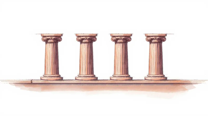 Four classical columns representing development, maintenance, hosting, and support as the foundation of white-label WordPress services