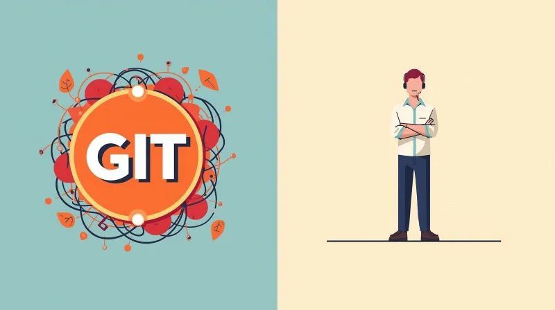 Complex Git workflow with tangled branches versus friendly support technician ready to help
