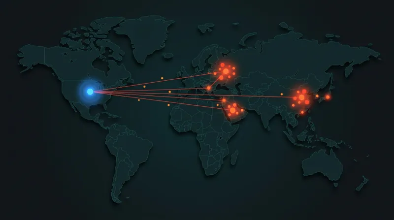 Network monitoring display showing global attack origins with red hotspots across multiple continents converging on a single defended target node