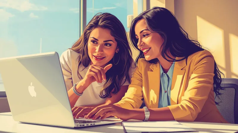 Two professionals collaborating warmly at a laptop