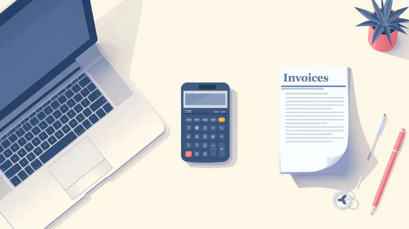 A desk with a laptop, a calculator, and stacked invoices, representing the true total cost of WordPress hosting beyond the monthly fee