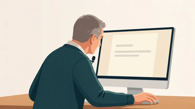 A man at his desk carefully reading a drafted reply on his monitor before sending it.