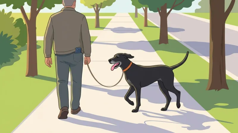 A man and his tall black Labrador continuing their morning walk in full sunlight, phone back in his pocket.