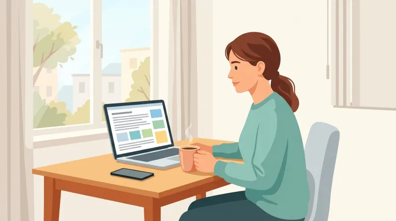 A project manager at a tidy desk reviewing organized notes on a laptop, a support ticket already prepared before work begins.
