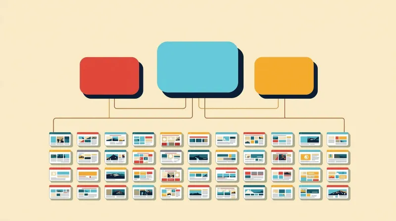 Three dominant tech platforms at the top connected to dozens of dependent websites below illustrating internet oligopoly