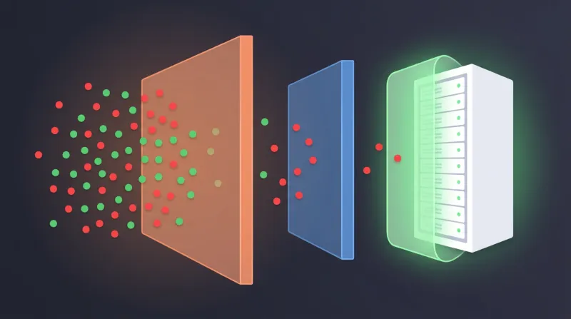 Cross-section diagram of multi-layered security architecture showing threats being filtered at each defensive layer from edge to server