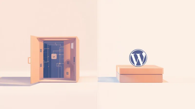 Locked server cage versus open flexible WordPress hosting platform representing vendor lock-in