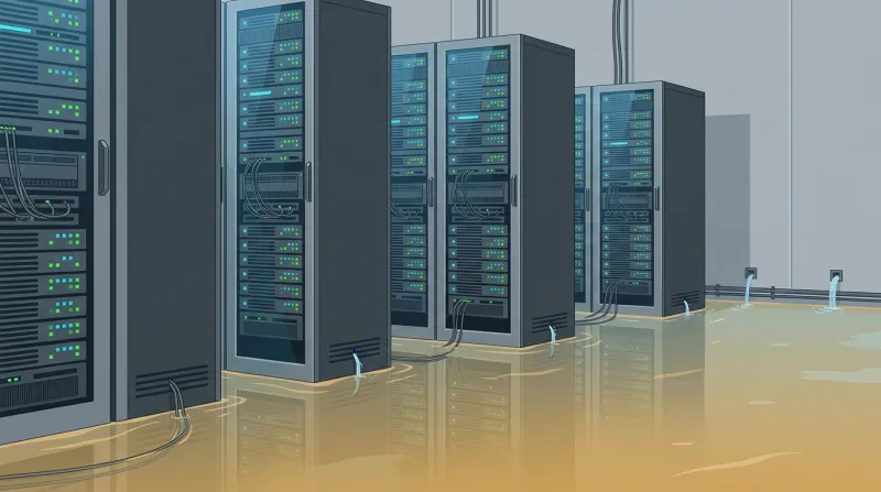 Server room with a slow rising water level representing gradual low-and-slow DDoS attack degrading resources over time