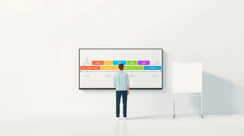 A project manager reviewing a website migration timeline on a large wall-mounted display in a bright office