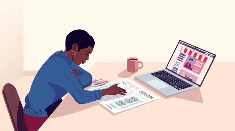 A person reviewing a project plan spread across a desk with a laptop open to a website, representing the scope of a Magento to WordPress migration