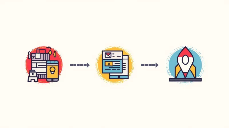 Horizontal sequence of setup, content transfer, and launch icons representing nonprofit website migration steps