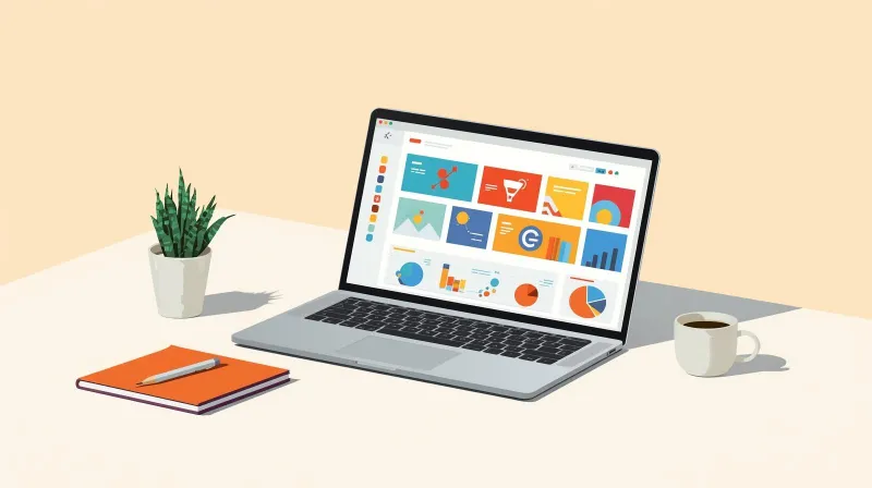 A sleek modern laptop displaying a colorful dashboard with a plant and coffee cup representing the polished user experience of Tutor LMS for WordPress LMS course creation