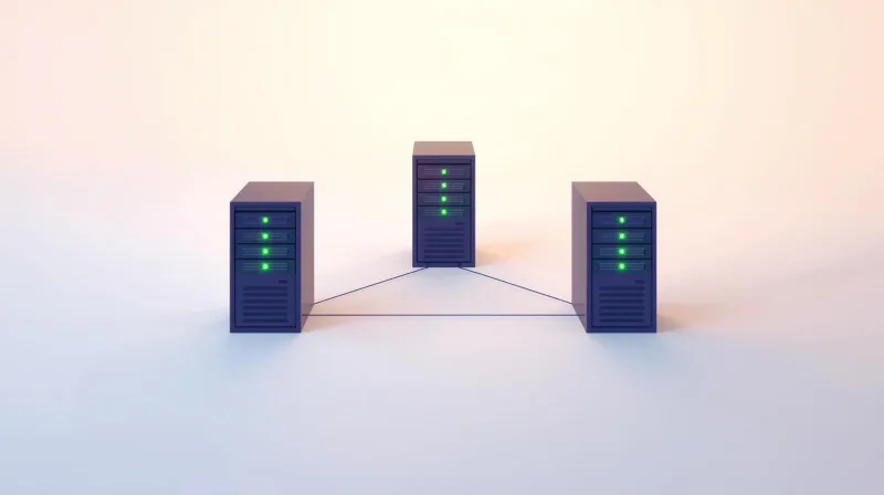 Three server racks positioned across different locations connected by network lines, representing scalable WordPress hosting for traffic spikes
