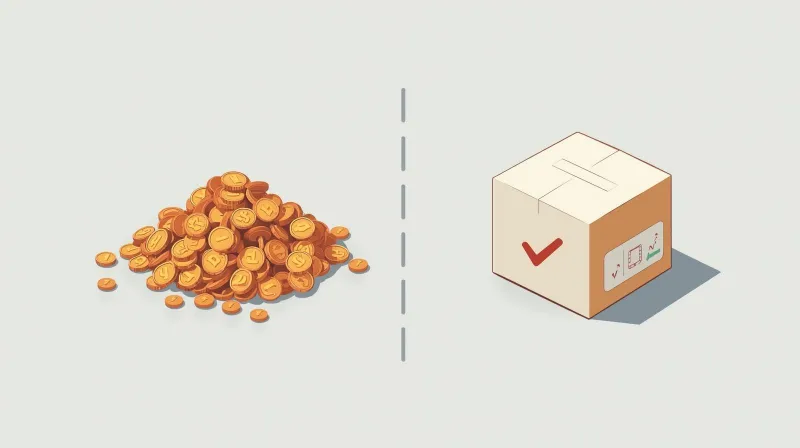 Messy pile of coins and tokens beside clean box with checkmark representing all-inclusive vs hidden fee pricing