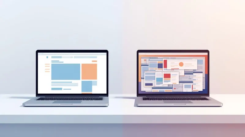 A clean organized laptop next to a cluttered laptop with many browser tabs, illustrating optimized versus bloated WordPress performance