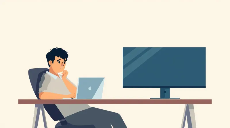 A person at a desk frustrated with a small laptop screen while a larger modern monitor sits ready nearby, representing the need for a WordPress migration service