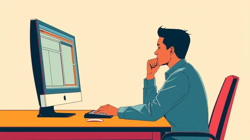 A person sitting at a desk studying a website on a large monitor with a thoughtful expression, reflecting the careful evaluation needed when considering a newer form plugin with a shorter track record
