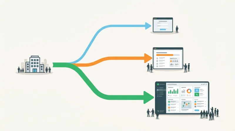 Branching decision paths leading small, medium, and large organizations to different petition solutions