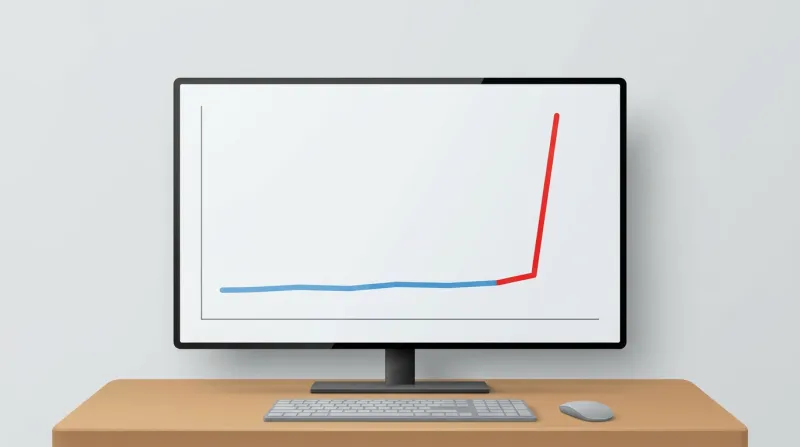 A steep upward spike in a line graph representing the sudden increase in indexed pages caused by a pharma or Japanese keyword hack infection