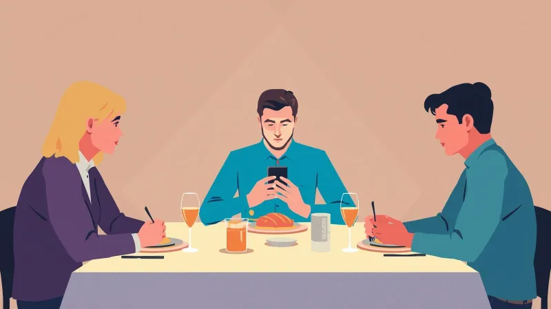 Web developer checking phone alert at dinner table while friends continue eating undisturbed