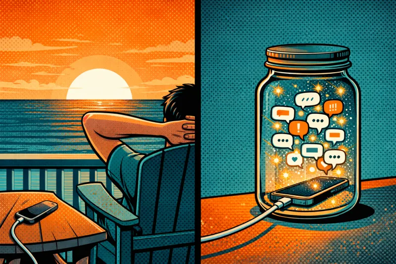 Split image of person watching ocean sunset from deck chair while smartphone sits contained in glass jar with notifications trapped inside
